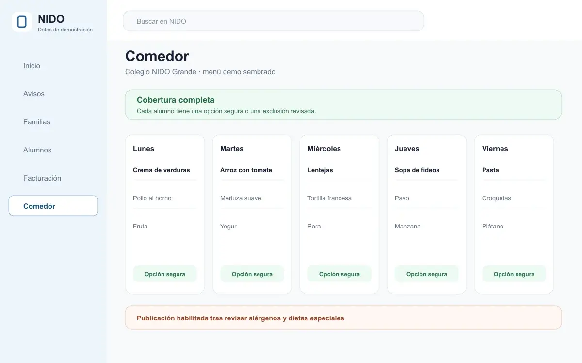 Vista demo del comedor de NIDO con el menú semanal y las opciones seguras revisadas